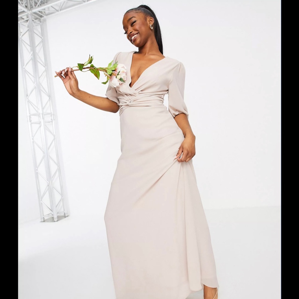 (ASOS)TFNC Bridesmaid wrap front maxi dress in pink FROM ASOS